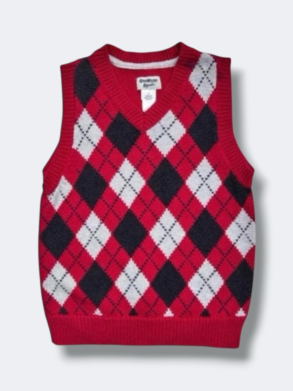 OshKosh B’gosh Boys Sweater Vest 4T Red Cotton Knit Argyle Pullover Preppy